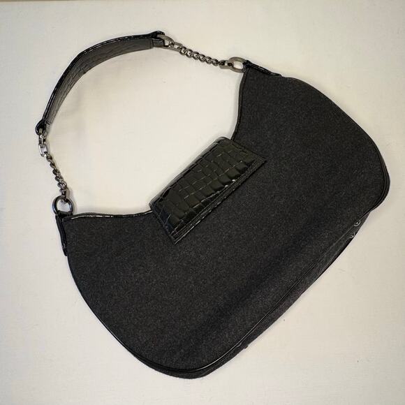 Worth Flannel & Patent Leather Shoulder Bag | Gray Black | Y2K Crescent Purse - Picture 2 of 10